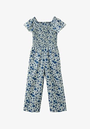 Tuta bianca con stampa floreale blu, maniche corte a sbuffo, scollo quadrato arricciato e pantaloni a gamba larga.