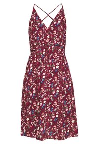 Burgundské květinové šaty s výstřihem do V, křížovými ramínky, elastickým pasem a volnou sukní. Jsou zdobeny malými růžovými, bílými a modrými květy.