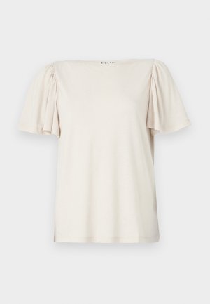 T-shirt corto a maniche corte di un beige chiaro con spalle a palloncino arricciate, scollatura quadrata e vestibilità rilassata in un morbido tessuto testurizzato.