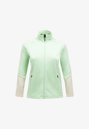 Lys grøn zip-up jakke med høj krave, kontrasterende cremede ærmer, to lynlåslommer og et lille logo på fronten. Glat stof texture.