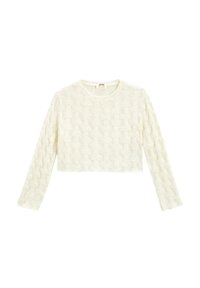 Maglione bianco corto con maniche lunghe, motivo testurizzato, scollatura rotonda e un materiale morbido e lavorato a maglia. Design minimalista, senza elementi hardware visibili.