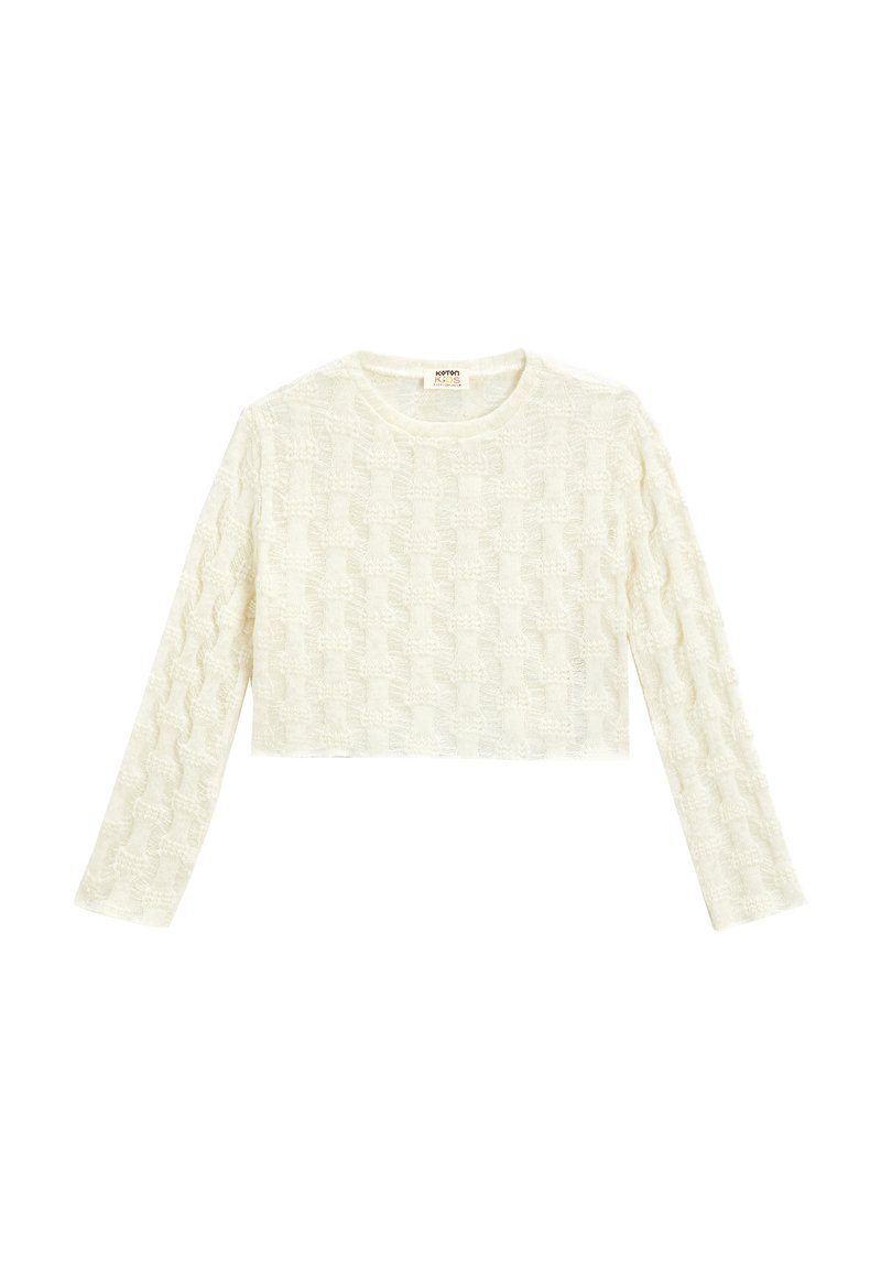 Maglione bianco corto con maniche lunghe, motivo testurizzato, scollatura rotonda e un materiale morbido e lavorato a maglia. Design minimalista, senza elementi hardware visibili.