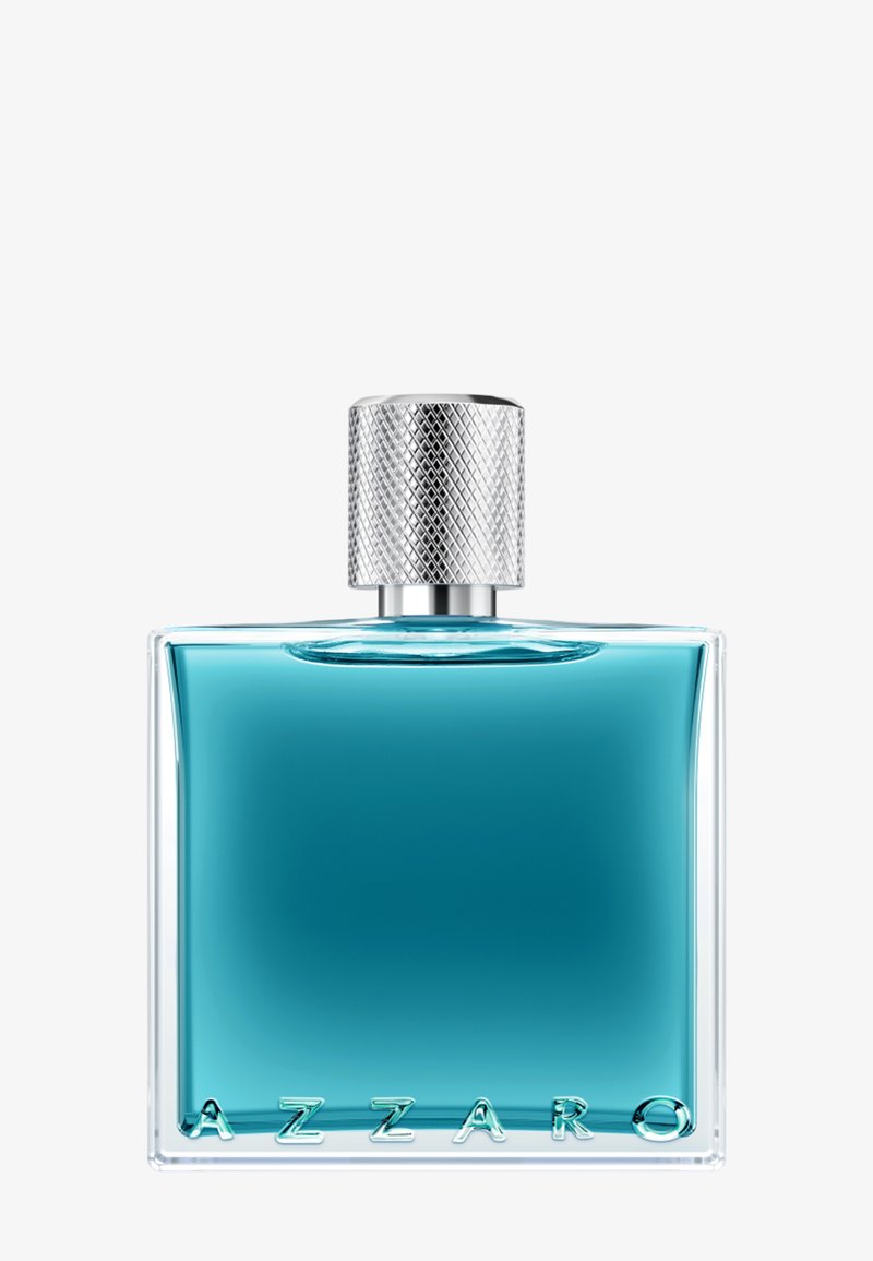 Bouteille de parfum Azzaro avec un design en verre clair carré, liquide bleu-vert, et un bouchon argenté texturé avec une finition moletée.