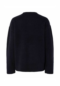 Donkerblauwe trui met ronde hals, verlaagde schouders en een losse fit. Gestructureerde stof, ribbelboord aan de onderkant en mouwen. Eenvoudig, minimalistisch ontwerp.