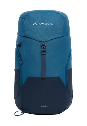 Zaino in blu scuro e blu navy con un design strutturato, tasca con cerniera e chiusura regolabile. Realizzato in tessuto resistente; modello Jura 24.