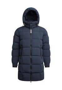 Giacca a vento blu navy con cappuccio, dotata di chiusura a zip, polsini elasticizzati e design trapuntato. Include due tasche frontali e un accento con logo.