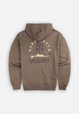Hoodie marron en tissu doux, orné d'un graphique avec des palmiers et du texte. Comprend une capuche et des poignets et un ourlet côtelés.