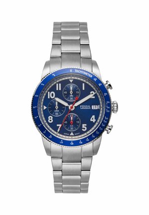 Montre chronographe homme Fossil en acier inoxydable avec cadran bleu, lunette tachymètre, trois sous-cadrans, affichage de la date et aiguille des secondes rouge.