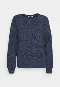 Navyblauwe trui met zwarte luipaardvlekken, voorzien van een ronde hals en lange mouwen met aansluitende manchetten, gemaakt van een gestructureerde stof.