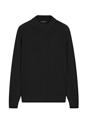 Black crew-neck sweater made of knit fabric. Features long sleeves and a ribbed texture. Simple design without embellishments or patterns.