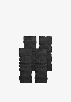 Four black knitted arm warmers with ribbed texture, featuring a gathered design and a wide cuff at the top for a secure fit.