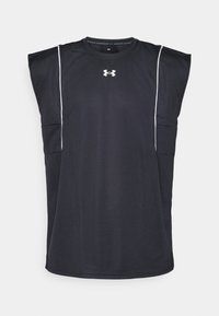 Fekete ujjatlan sportpóló texturált anyagból, fehér oldalsó díszítéssel és Under Armour logóval a mellrészen.