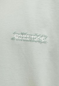 Ανοιχτό γκρι ύφασμα με κεντητό κείμενο «CORE 1960» σε λευκό και μικρότερο κείμενο με πλάγια γραφή σε απαλό πράσινο πάνω και κάτω από αυτό.