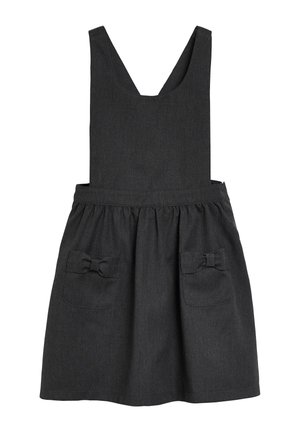 Dark gray denim dress with adjustable shoulder straps, a V-neck, gathered waist, and two front pockets featuring bow accents.