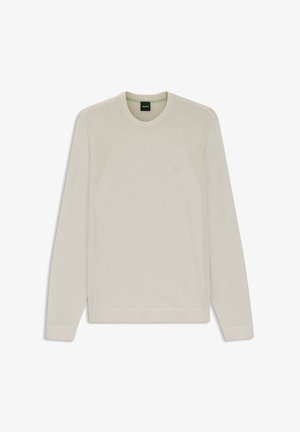 Sudadera beige de manga larga con cuello redondo, detalles sutiles acanalados en los hombros, logo BOSS en el pecho y puños y dobladillo acanalados.