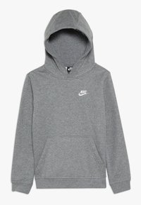Haut à capuche gris en matériau polaire avec une poche avant, un cordon de serrage à la capuche et un logo Nike blanc sur la poitrine. Design simple et décontracté.
