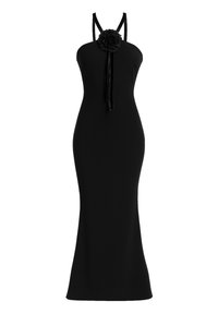 Zwarte mouwloze jurk van rekbaar materiaal, met een getailleerde silhouette, een bloemenaccent bij de halslijn, en hangende franjes.