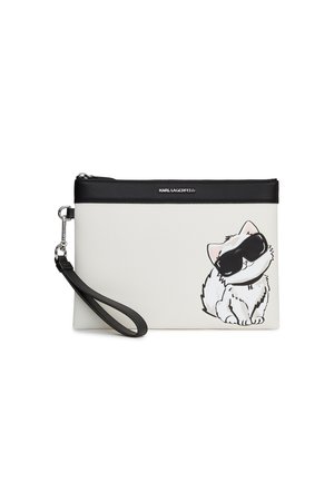 Weißes und schwarzes Armbandetui mit einer gezeichneten weißen Katze mit schwarzen Sonnenbrillen und Karl Lagerfeld-Logo am oberen Rand.