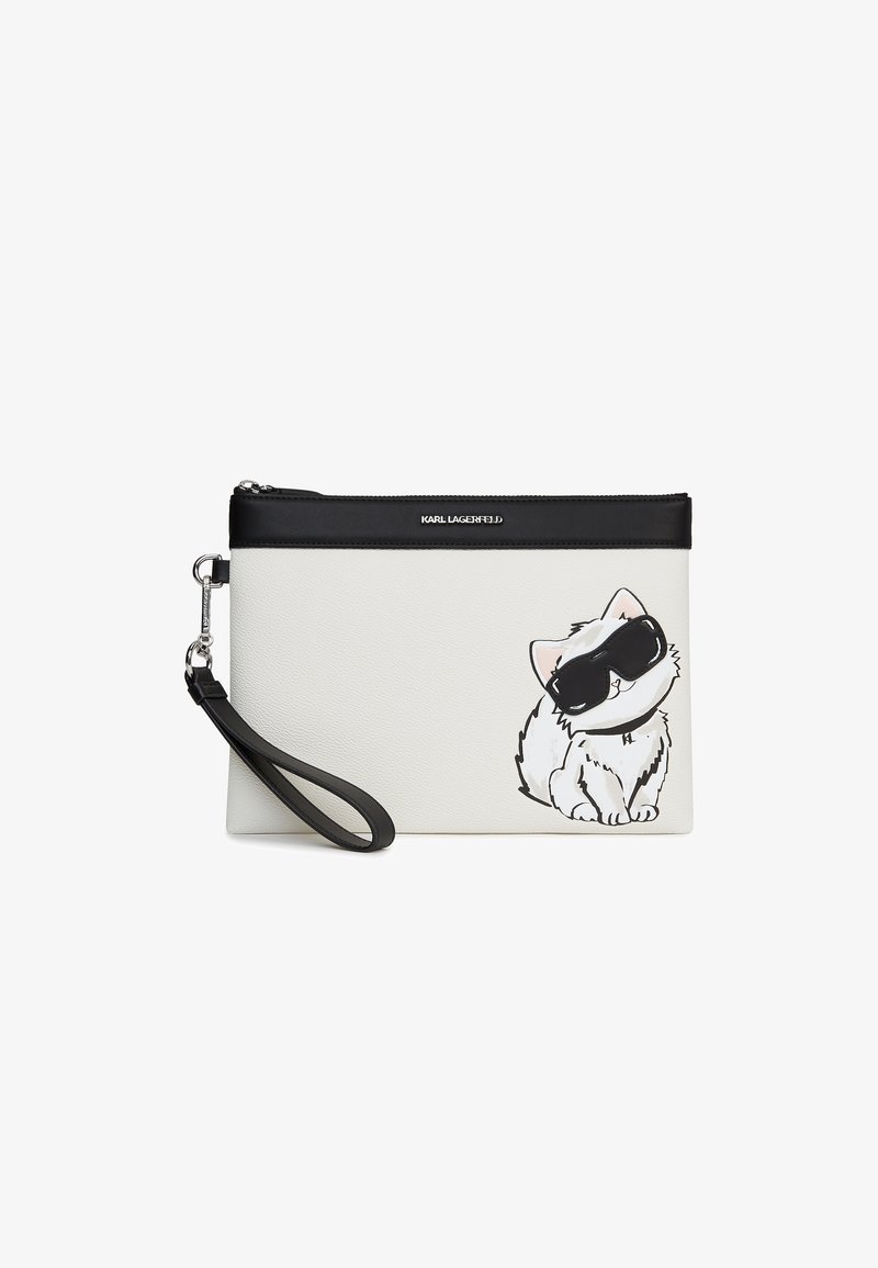 Pochette bracelet blanche et noire avec un chat blanc dessin animé portant des lunettes de soleil noires et le logo Karl Lagerfeld sur le bord supérieur.