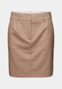 Mini-jupe à carreaux beige et marron taille haute avec passants pour ceinture et plis sur le devant, coupe ajustée, sans fermetures visibles.