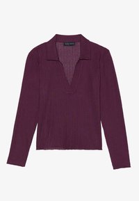Long-sleeve, deep V-neck top in dark purple with ribbed texture and a collar. Features a fitted design and slight stretch.