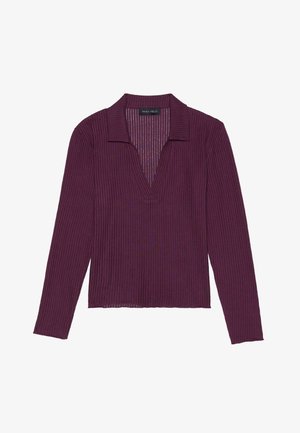 Long-sleeve, deep V-neck top in dark purple with ribbed texture and a collar. Features a fitted design and slight stretch.