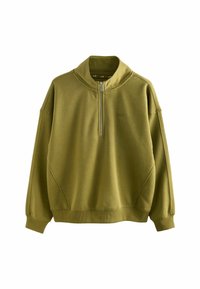 Felpa verde oliva realizzata in tessuto morbido, con colletto alto, chiusura con zip a metà e spalle scese per una vestibilità rilassata.