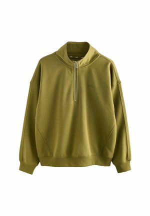 Sweatshirt vert olive en tissu doux, avec un col montant, une fermeture éclair à mi-hauteur et des épaules tombantes pour un look décontracté.
