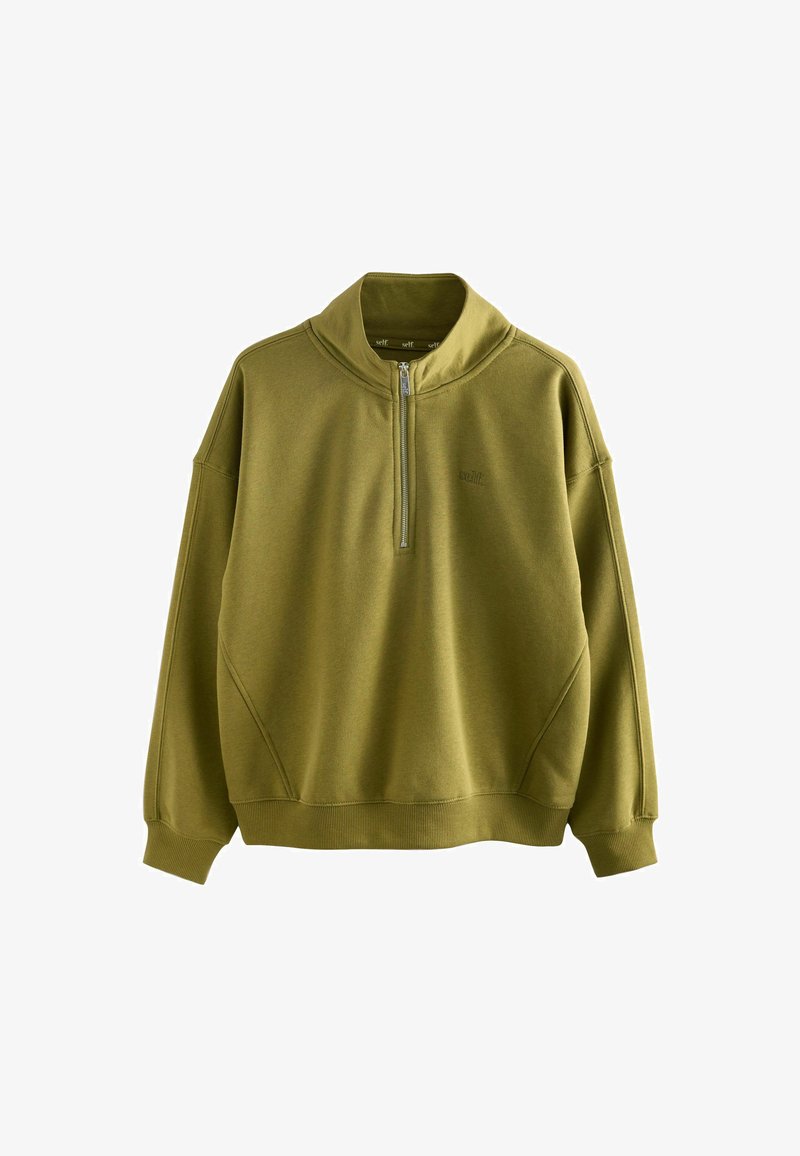 Felpa verde oliva realizzata in tessuto morbido, con colletto alto, chiusura con zip a metà e spalle scese per una vestibilità rilassata.