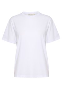 Biele bavlnené tričko s klasickým okrúhlym výstrihom, krátkymi rukávmi a voľným strihom; hladká textúra a minimalistický dizajn.
