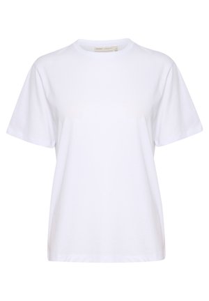 Biele bavlnené tričko s klasickým okrúhlym výstrihom, krátkymi rukávmi a voľným strihom; hladká textúra a minimalistický dizajn.