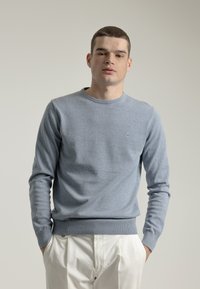 Suéter de manga larga azul claro en tejido suave con escote redondo y dobladillo acanalado. Presenta un pequeño logo bordado en el pecho.