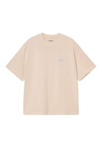 T-shirt in cotone beige con una vestibilità ampia. Presenta maniche corte e un piccolo logo ricamato blu sul lato sinistro del petto.