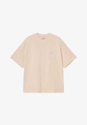 Camiseta de algodón beige con un corte holgado. Presenta mangas cortas y un pequeño logo bordado en azul en el lado izquierdo del pecho.