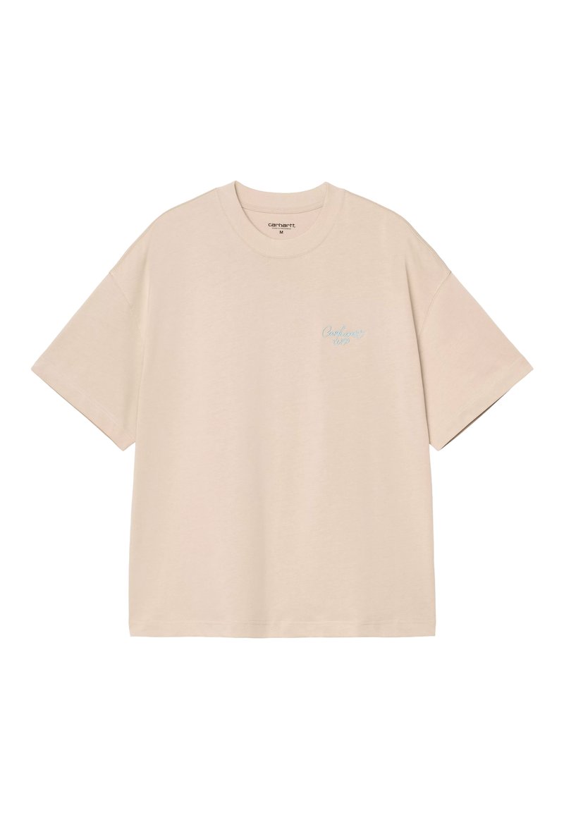 T-shirt in cotone beige con una vestibilità ampia. Presenta maniche corte e un piccolo logo ricamato blu sul lato sinistro del petto.