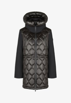 Giacca a vento nera trapuntata con colletto alto e lunghe maniche nere. Presenta una chiusura con zip e due tasche laterali con zip.