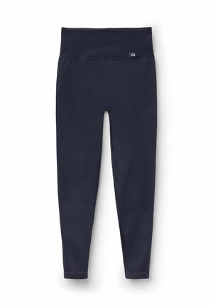 Black leggings made of soft fabric, featuring a wide, elastic waistband and a smooth texture, designed for comfort and ease of movement.