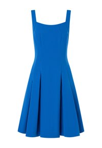 Blauwe mouwloze jurk met een vierkante halslijn, een getailleerd lijfje en een uitlopende rok met plooien in de taille voor extra volume.
