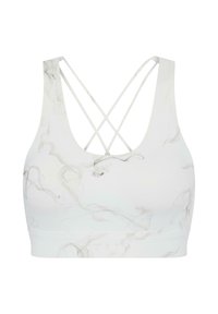 Reggiseno sportivo bianco con un motivo marmorizzato in grigio chiaro. Presenta un design a croce sul retro e una texture liscia. Tessuto elasticizzato per il comfort.