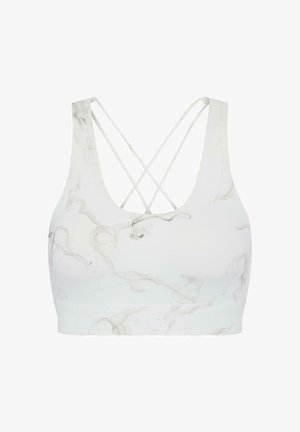 Valge spordirinnahoidja heledates hallides marmoreeritud mustrites. Omab risttagumist disaini ja sujuvat tekstuuri. Veniv kangas mugavuse tagamiseks.