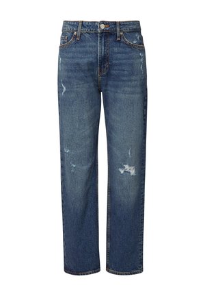 Jasnoniebieskie dżinsy z denimu o prostym kroju nogawek, z przetarciami i postrzępionymi łatami. Klasyczny wzór z pięcioma kieszeniami i metalowym guzikiem.