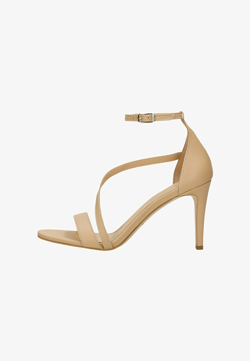 Beige High-Heelsandale mit einer glatten Lederoberfläche, offenen Zehen, dünnem Riemendesign und Schnallenverschluss am Knöchel. Ausgestattet mit einem schlanken Stilettoabsatz.