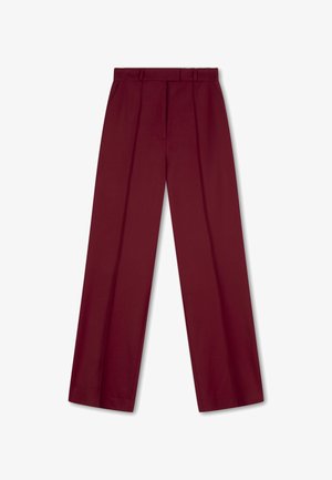 Bordeaux, wijde broek gemaakt van lichtgewicht stof, met voorplooien en een gladde textuur. Geen zichtbare hardware of patronen.