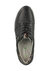 Black leather sneaker with a textured finish, featuring lace-up design and a side zipper. Accented with a leopard print detail on the heel.