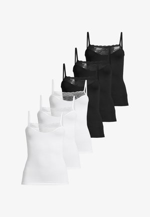 Trois camisoles blanches et trois camisoles noires pour femmes avec bordure en dentelle, fines bretelles, disposées en alternance sur un fond blanc.