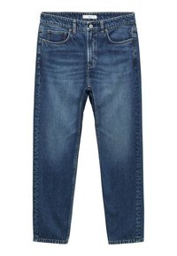 Jean en denim de couleur bleue moyenne, avec une coupe droite, un style à cinq poches, et des détails de décoloration subtils sur l'ensemble.