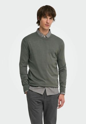 Jeune homme debout portant un pull vert à manches longues par-dessus une chemise rayée à boutons et un pantalon gris sur un fond clair uni.