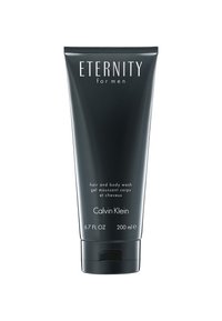 Tube en plastique noir de gel douche et shampooing pour le corps, étiqueté "Eternity for Men" par Calvin Klein. Capacité de 200 ml, avec un bouchon à rabat.