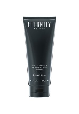 Tube en plastique noir de gel douche et shampooing pour le corps, étiqueté "Eternity for Men" par Calvin Klein. Capacité de 200 ml, avec un bouchon à rabat.