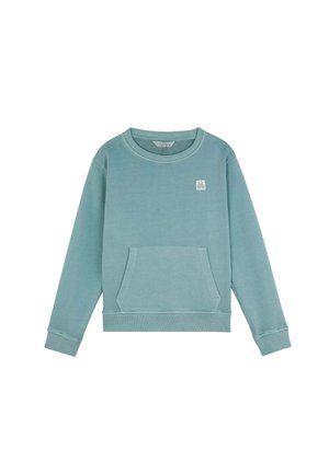 Sweatshirt bleu sarcelle clair en tissu doux avec un col rond côtelé, des manches longues, une poche avant et un petit logo en accent.